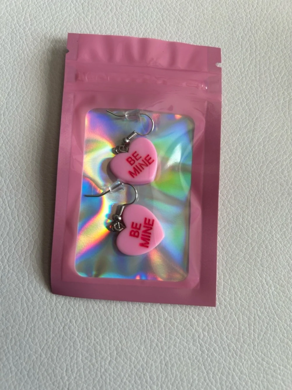 Conversation Hearts Be Mine Drop Dangle Earrings in Pink with Red Lettering